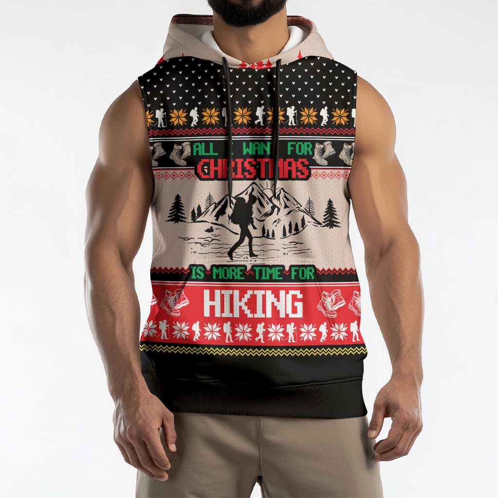 Hiking Christmas Sleeveless Hoodie with Mountains Trees and Winter Holiday Pattern - Wonder Print Shop
