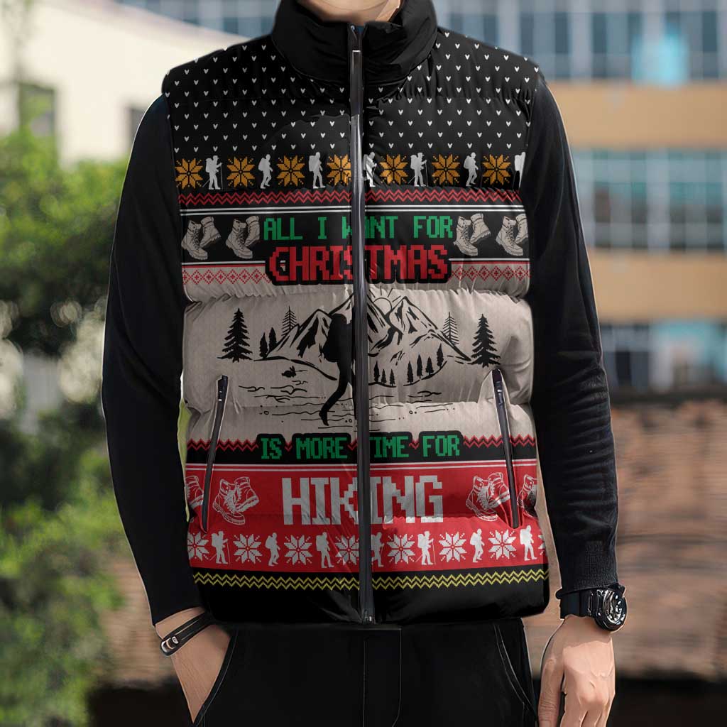 Hiking Christmas Sleeveless Puffer Jacket with Mountains Trees and Winter Holiday Pattern - Wonder Print Shop