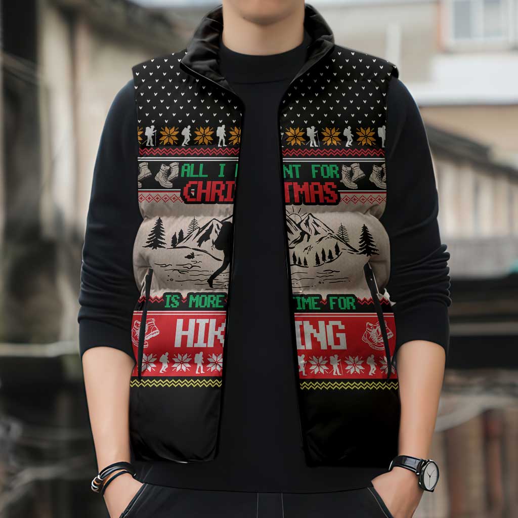 Hiking Christmas Sleeveless Puffer Jacket with Mountains Trees and Winter Holiday Pattern - Wonder Print Shop