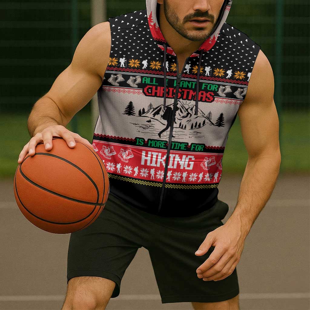Hiking Christmas Sleeveless Zip Hoodie with Mountains Trees and Winter Holiday Pattern - Wonder Print Shop