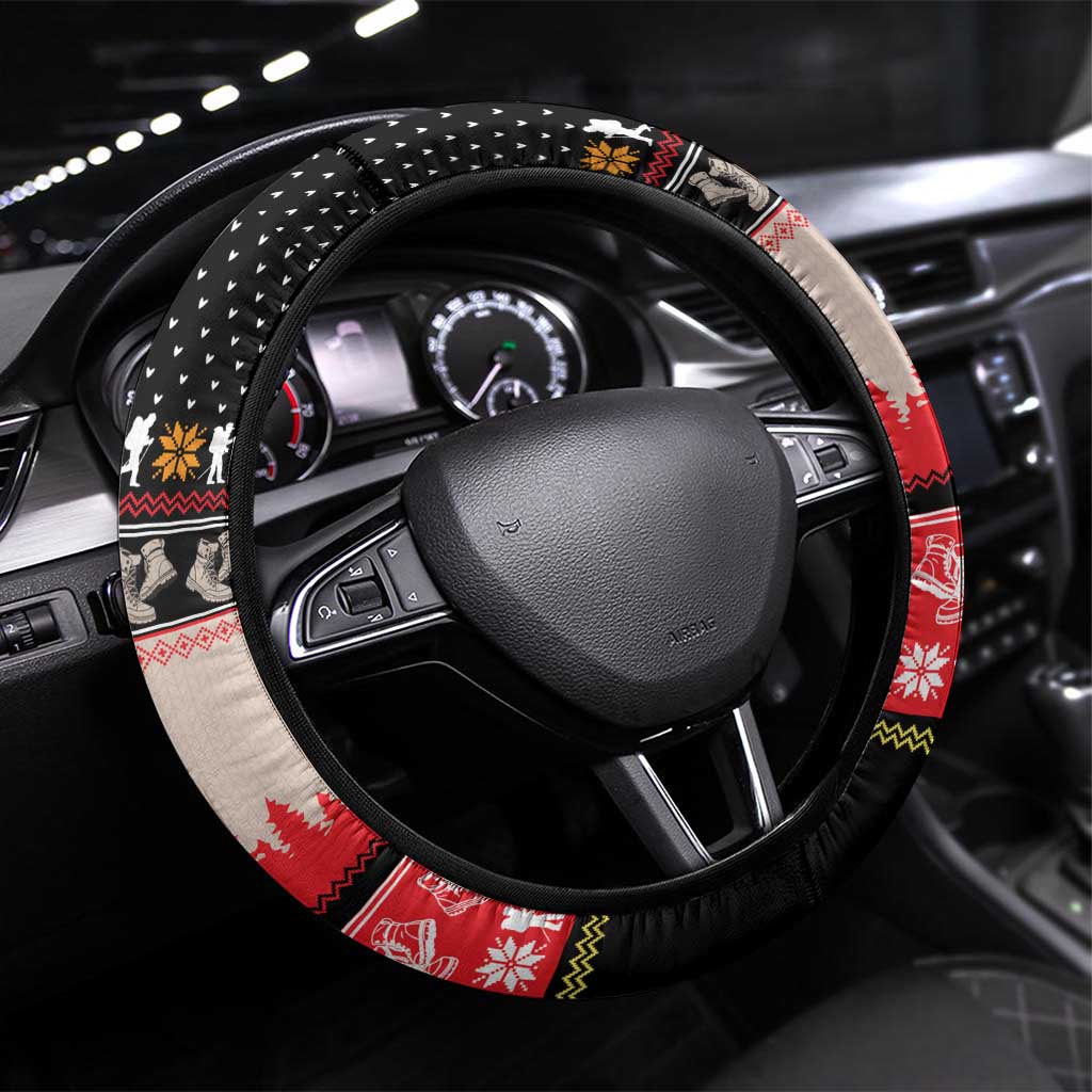 Hiking Christmas Steering Wheel Cover with Mountains Trees and Winter Holiday Pattern - Wonder Print Shop