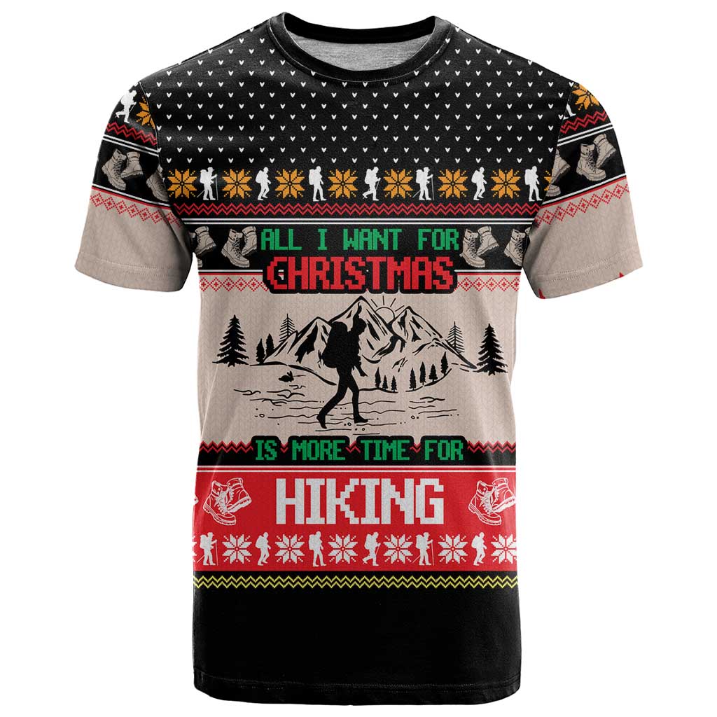Hiking Christmas T Shirt with Mountains Trees and Winter Holiday Pattern - Wonder Print Shop