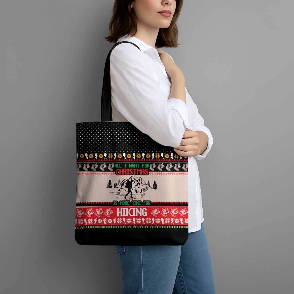 Hiking Christmas Tote Bag with Mountains Trees and Winter Holiday Pattern - Wonder Print Shop