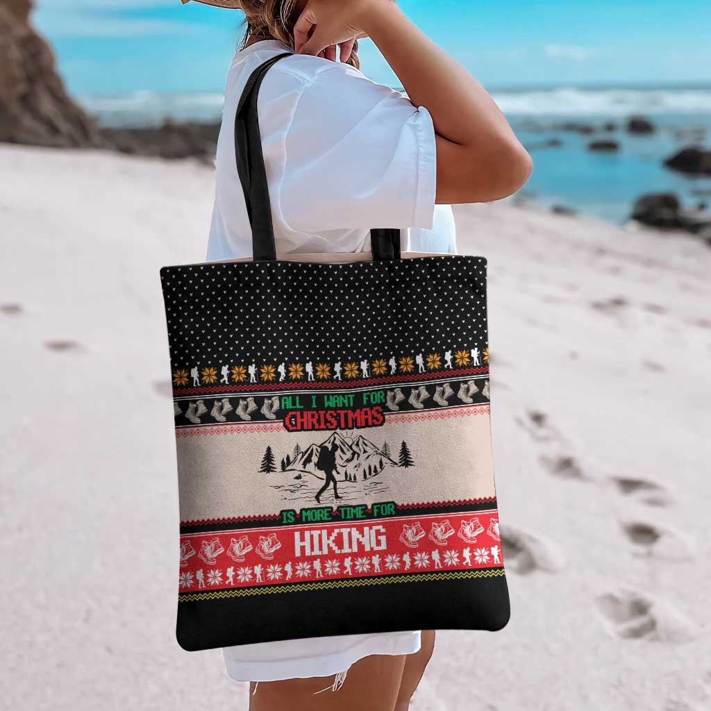 Hiking Christmas Tote Bag with Mountains Trees and Winter Holiday Pattern - Wonder Print Shop