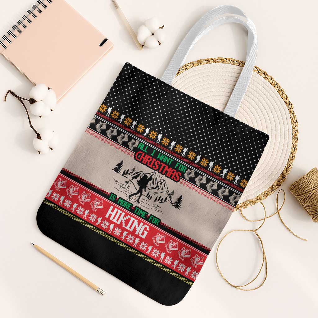 Hiking Christmas Tote Bag with Mountains Trees and Winter Holiday Pattern - Wonder Print Shop