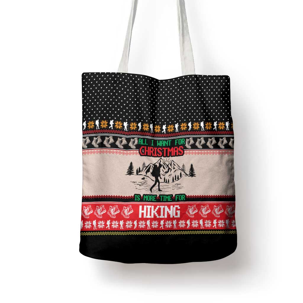 Hiking Christmas Tote Bag with Mountains Trees and Winter Holiday Pattern - Wonder Print Shop