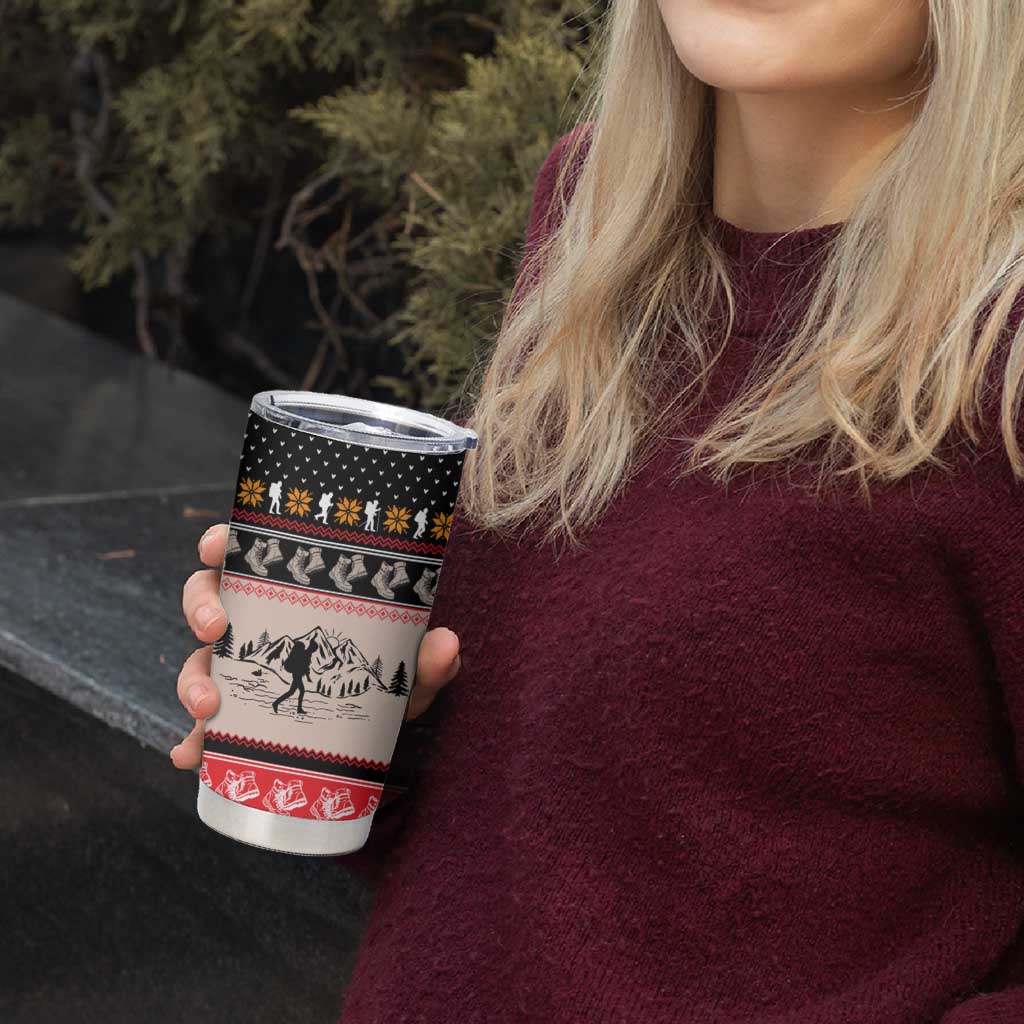 Hiking Christmas Tumbler Cup with Mountains Trees and Winter Holiday Pattern - Wonder Print Shop