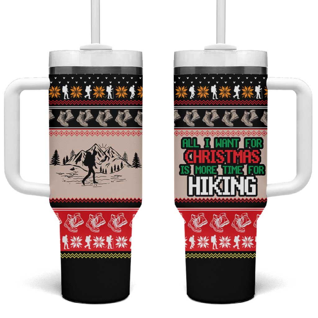 Hiking Christmas Tumbler With Handle with Mountains Trees and Winter Holiday Pattern - Wonder Print Shop