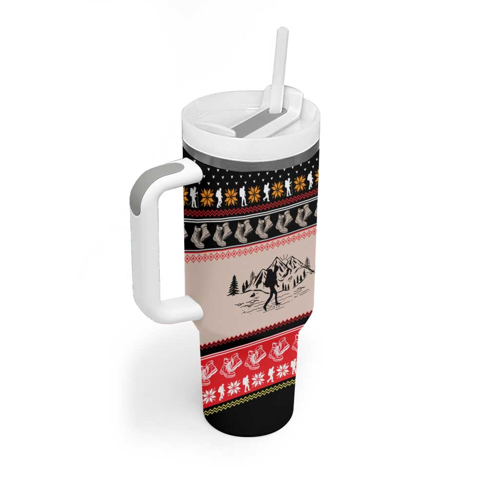 Hiking Christmas Tumbler With Handle with Mountains Trees and Winter Holiday Pattern - Wonder Print Shop