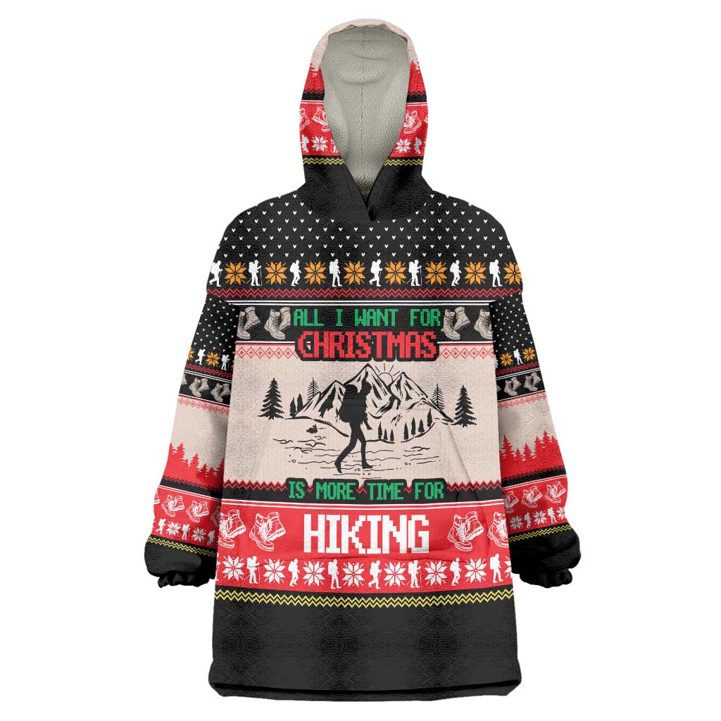 Hiking Christmas Wearable Blanket Hoodie with Mountains Trees and Winter Holiday Pattern - Wonder Print Shop