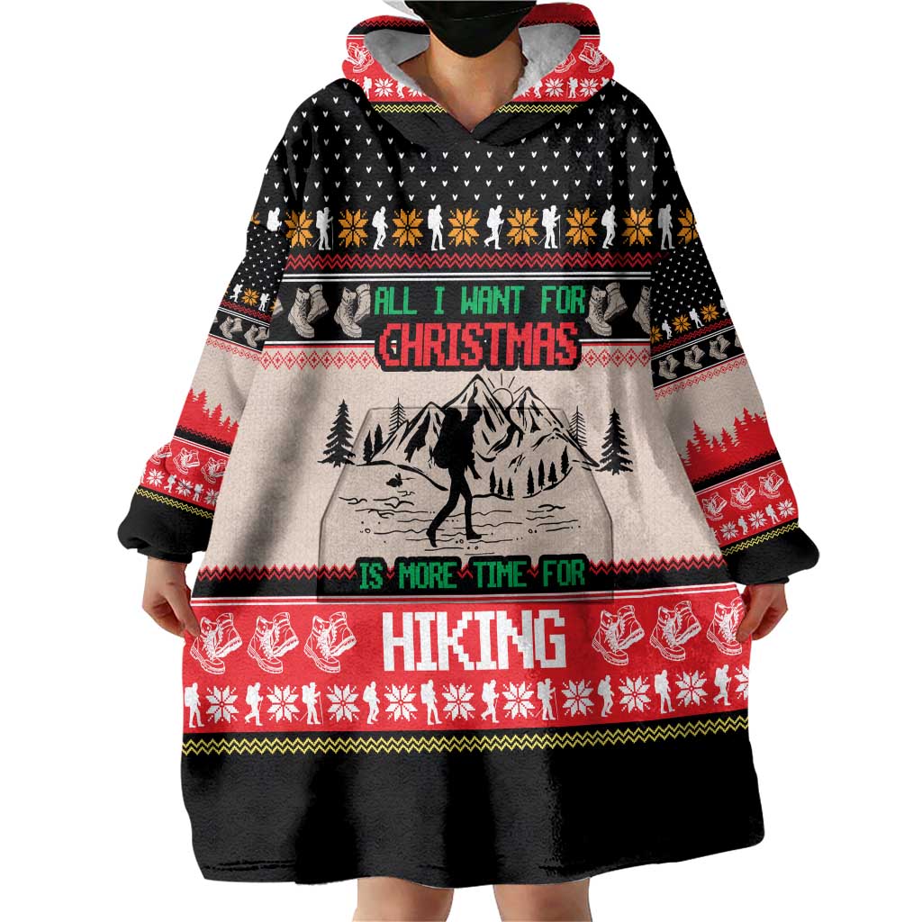 Hiking Christmas Wearable Blanket Hoodie with Mountains Trees and Winter Holiday Pattern - Wonder Print Shop