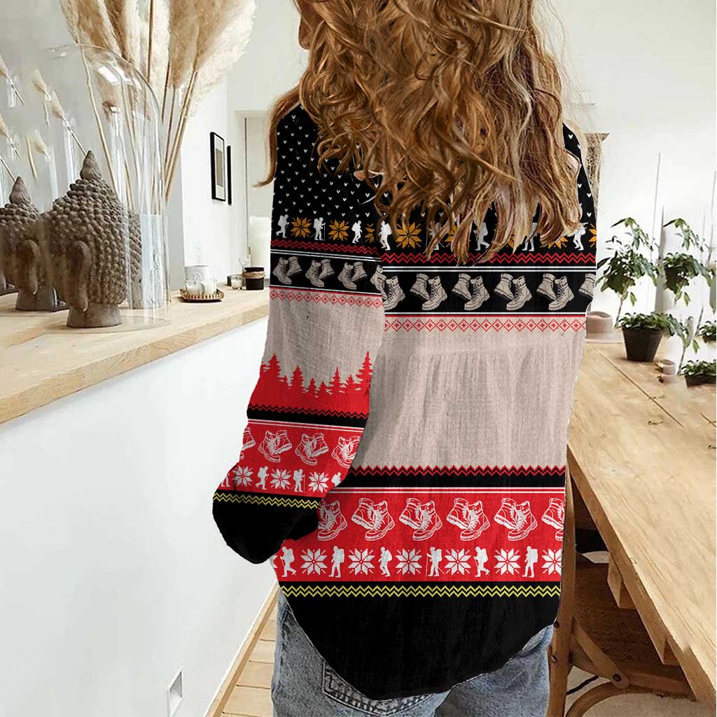 Hiking Christmas Women Casual Shirt with Mountains Trees and Winter Holiday Pattern - Wonder Print Shop