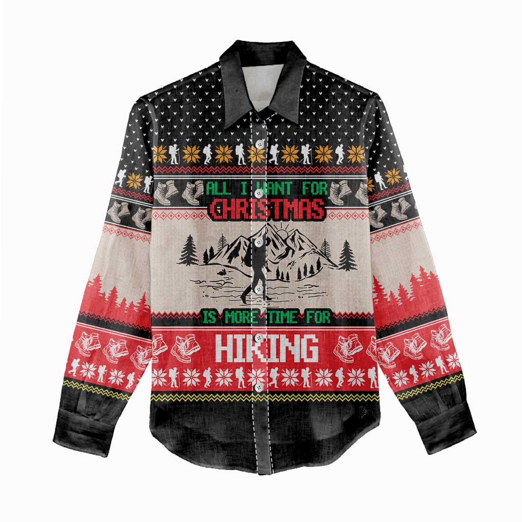 Hiking Christmas Women Casual Shirt with Mountains Trees and Winter Holiday Pattern - Wonder Print Shop