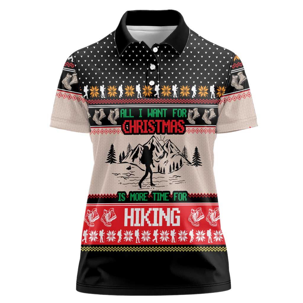 Hiking Christmas Women Polo Shirt with Mountains Trees and Winter Holiday Pattern - Wonder Print Shop