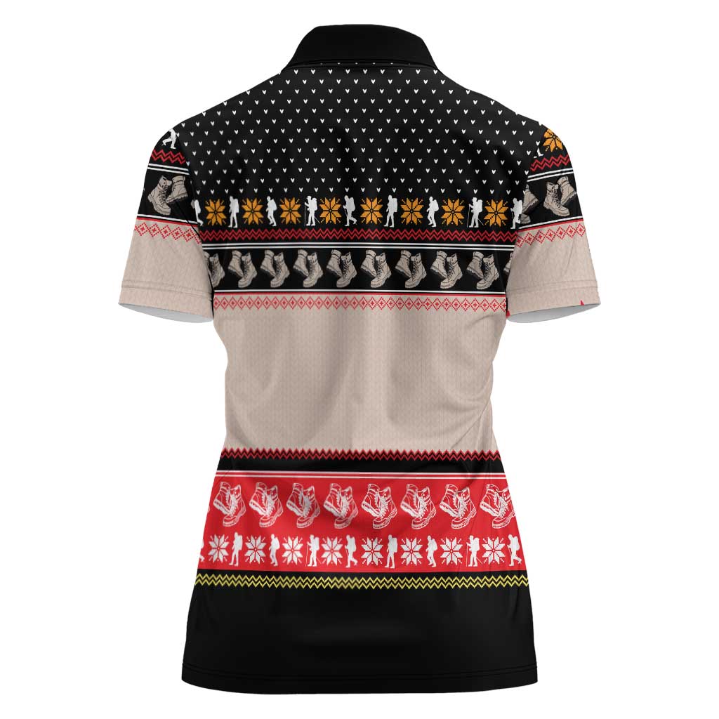 Hiking Christmas Women Polo Shirt with Mountains Trees and Winter Holiday Pattern - Wonder Print Shop