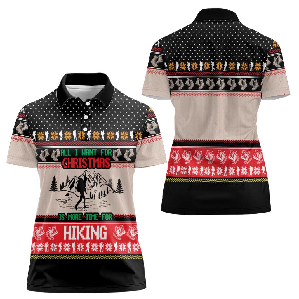 Hiking Christmas Women Polo Shirt with Mountains Trees and Winter Holiday Pattern - Wonder Print Shop