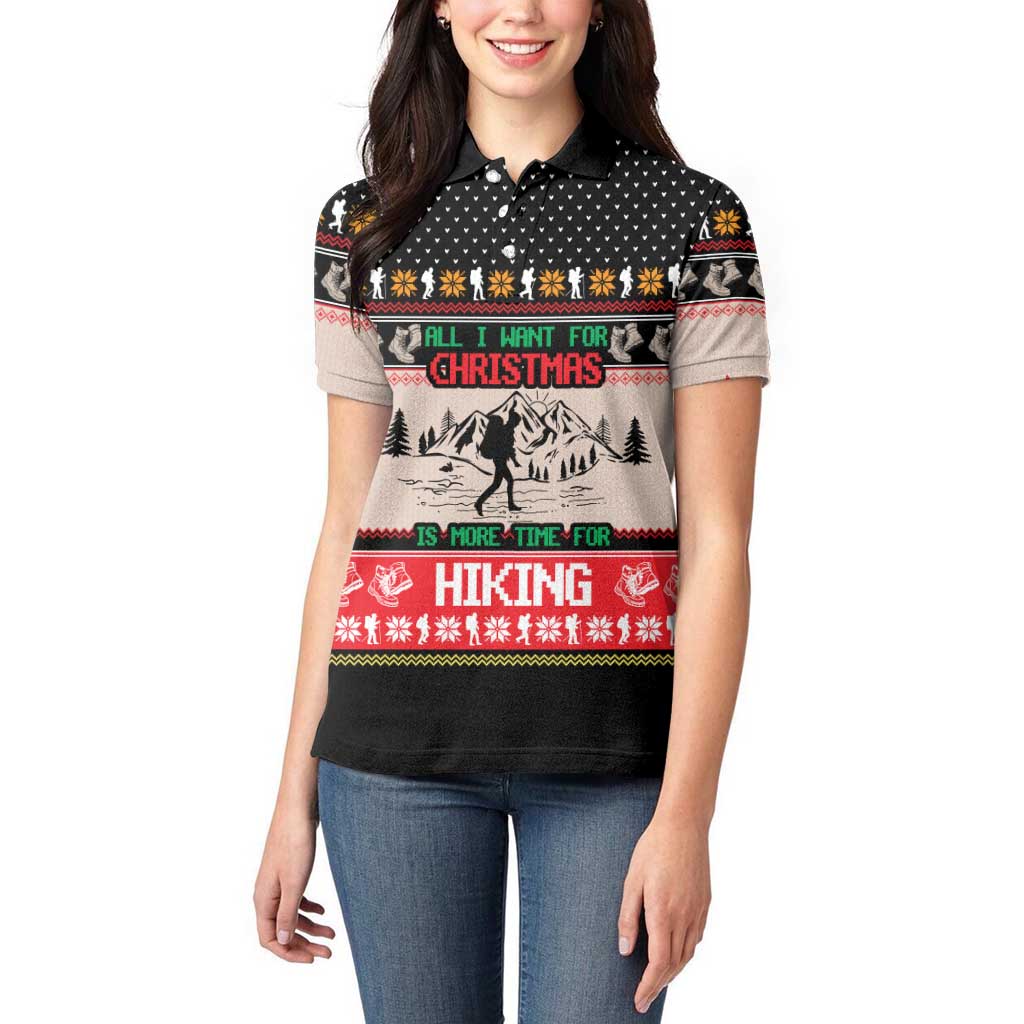 Hiking Christmas Women Polo Shirt with Mountains Trees and Winter Holiday Pattern - Wonder Print Shop