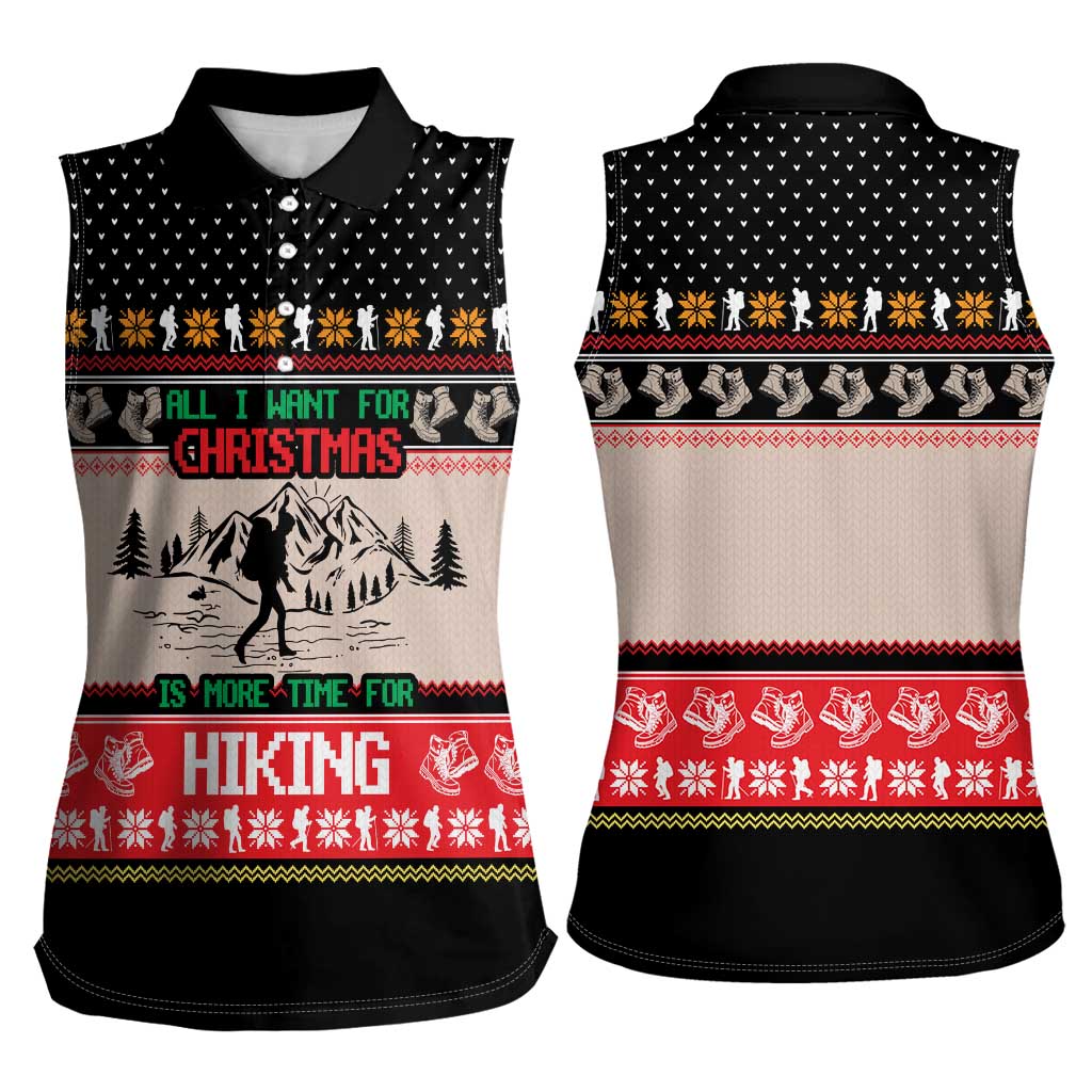 Hiking Christmas Women Sleeveless Polo Shirt with Mountains Trees and Winter Holiday Pattern - Wonder Print Shop