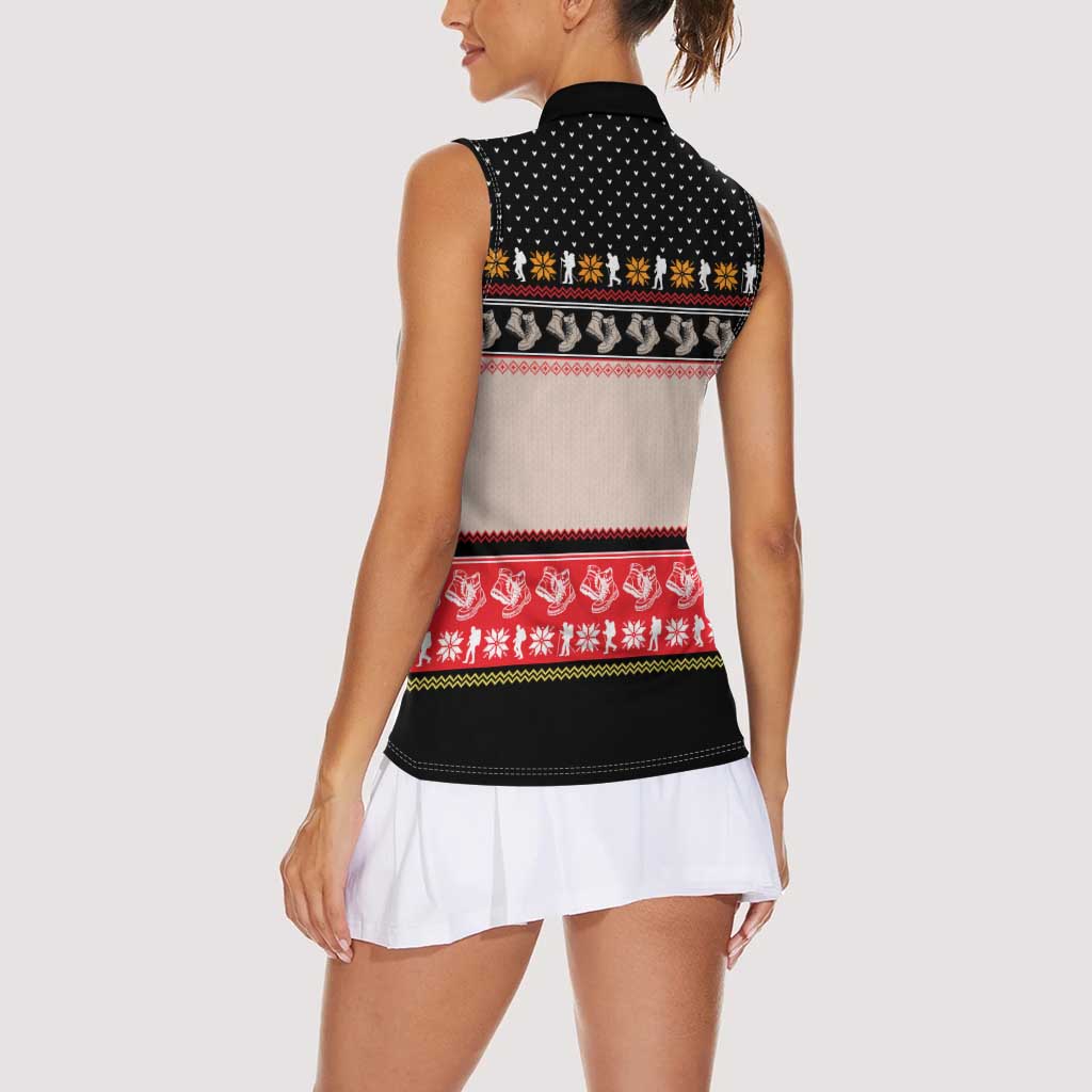 Hiking Christmas Women Sleeveless Polo Shirt with Mountains Trees and Winter Holiday Pattern - Wonder Print Shop