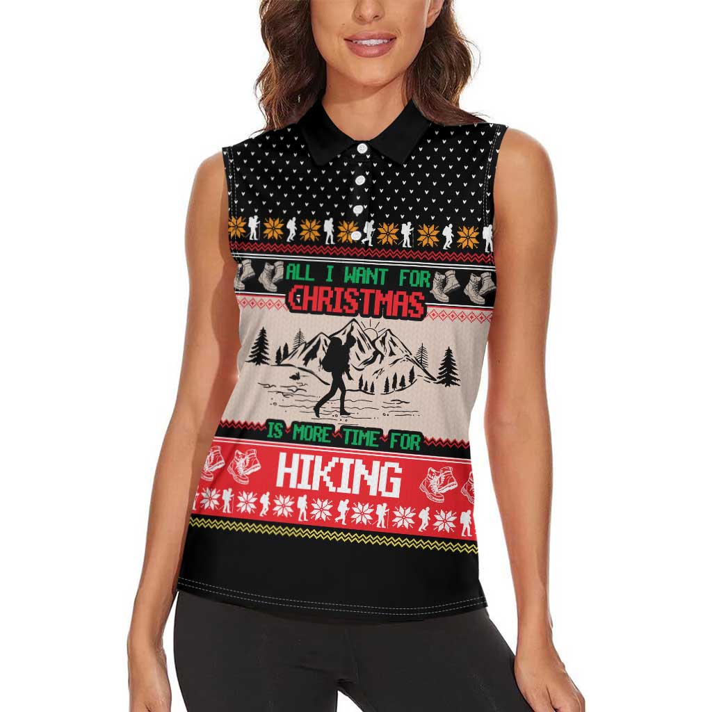 Hiking Christmas Women Sleeveless Polo Shirt with Mountains Trees and Winter Holiday Pattern - Wonder Print Shop