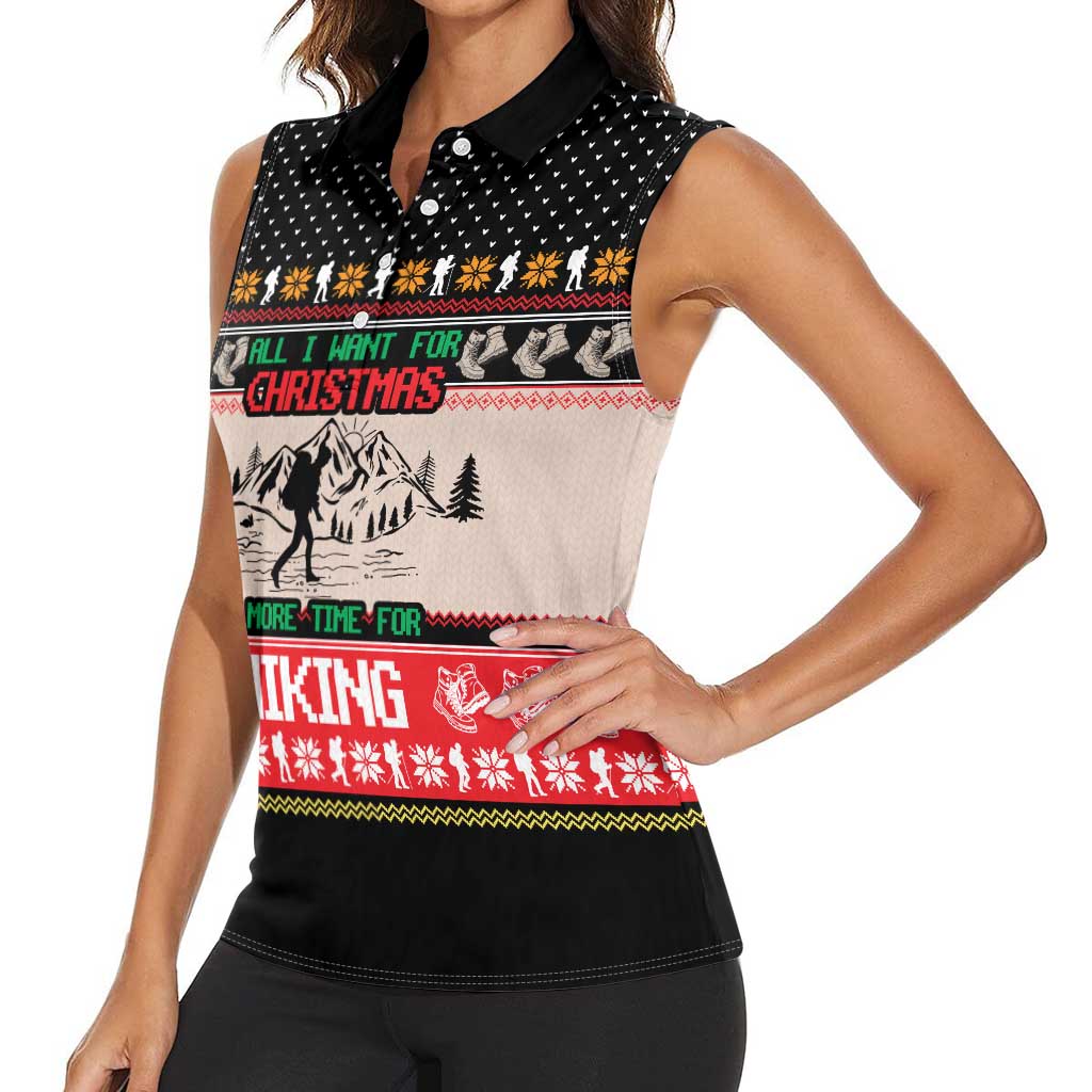 Hiking Christmas Women Sleeveless Polo Shirt with Mountains Trees and Winter Holiday Pattern - Wonder Print Shop