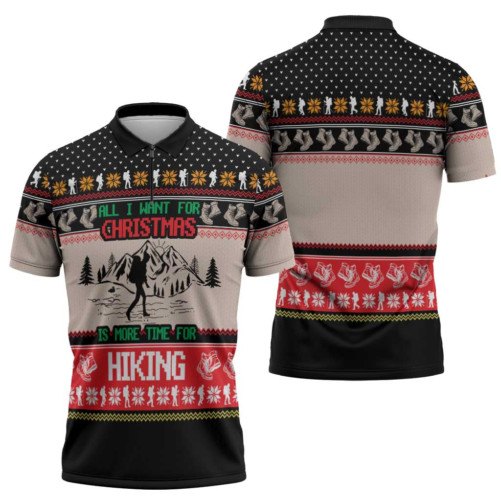 Hiking Christmas Zipper Polo Shirt with Mountains Trees and Winter Holiday Pattern - Wonder Print Shop