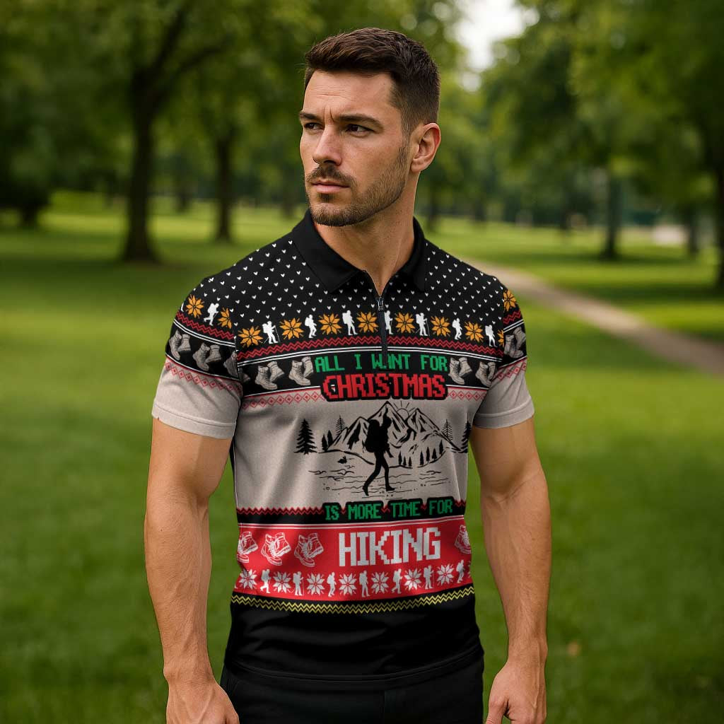 Hiking Christmas Zipper Polo Shirt with Mountains Trees and Winter Holiday Pattern - Wonder Print Shop