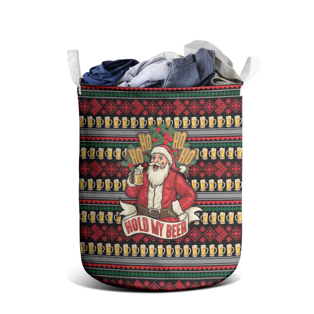 Santa Hold My Beer Christmas Laundry Basket with Beer Mugs and Holiday Pattern - Wonder Print Shop