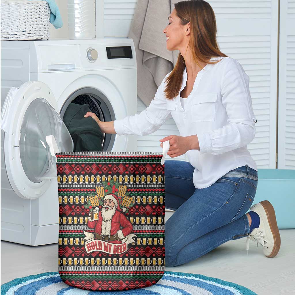 Santa Hold My Beer Christmas Laundry Basket with Beer Mugs and Holiday Pattern - Wonder Print Shop