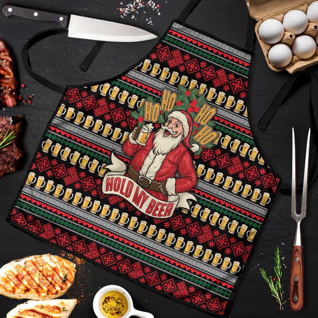 Santa Hold My Beer Christmas Apron with Beer Mugs and Holiday Pattern - Wonder Print Shop