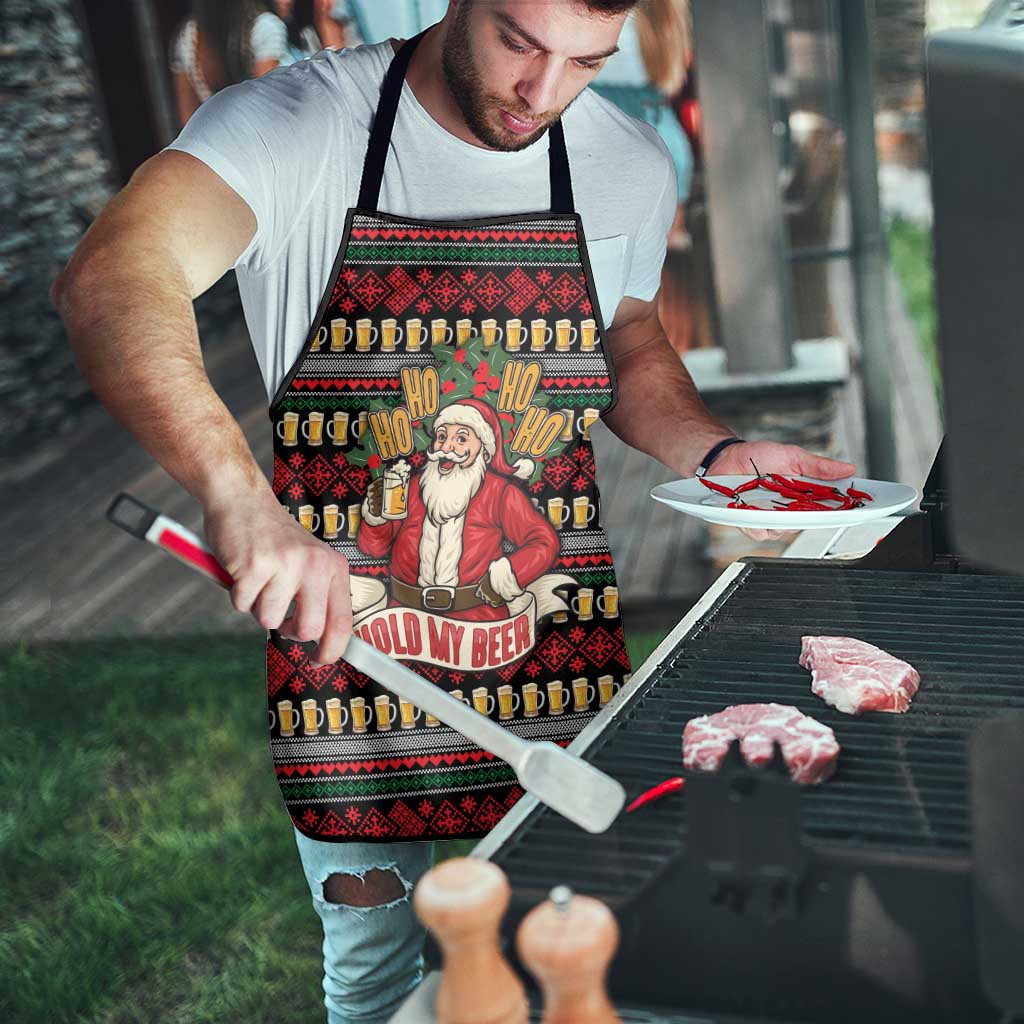 Santa Hold My Beer Christmas Apron with Beer Mugs and Holiday Pattern - Wonder Print Shop