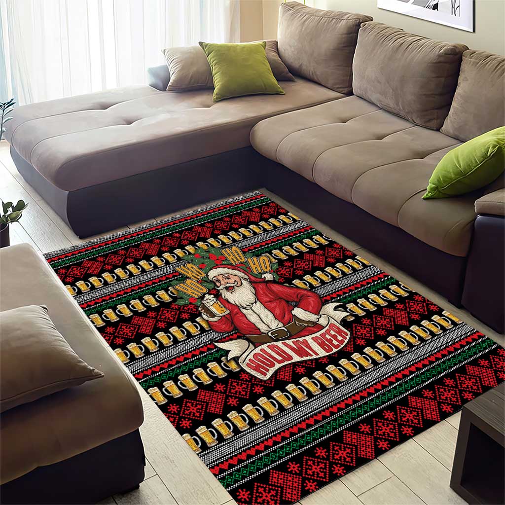 Santa Hold My Beer Christmas Area Rug with Beer Mugs and Holiday Pattern - Wonder Print Shop