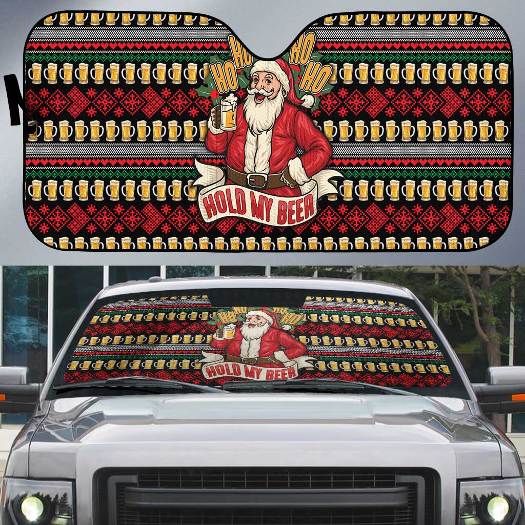 Santa Hold My Beer Christmas Auto Sun Shade with Beer Mugs and Holiday Pattern - Wonder Print Shop
