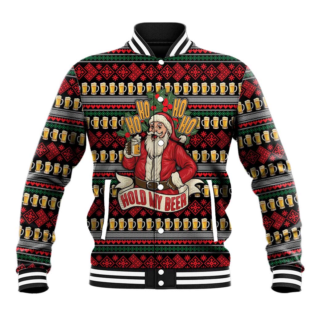 Santa Hold My Beer Christmas Baseball Jacket with Beer Mugs and Holiday Pattern - Wonder Print Shop