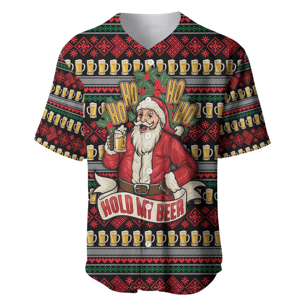 Santa Hold My Beer Christmas Baseball Jersey with Beer Mugs and Holiday Pattern - Wonder Print Shop