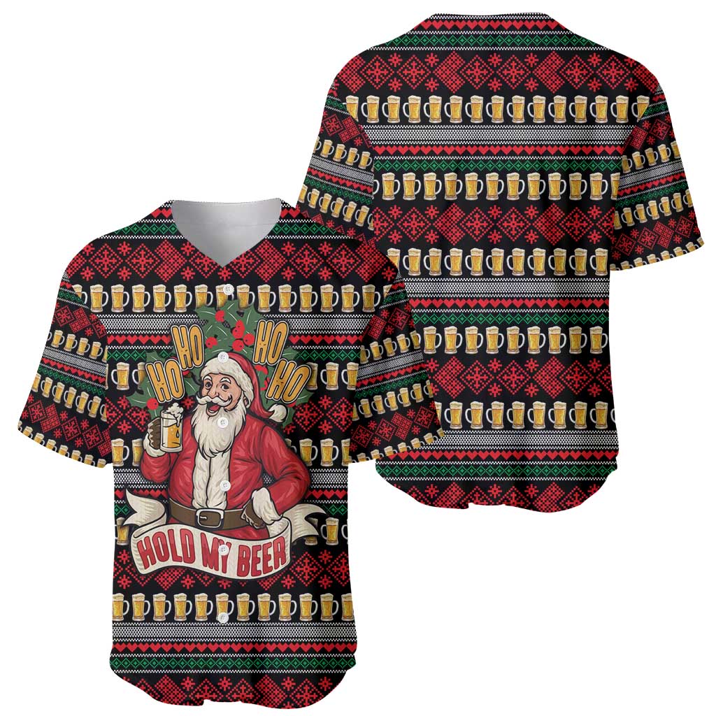 Santa Hold My Beer Christmas Baseball Jersey with Beer Mugs and Holiday Pattern - Wonder Print Shop