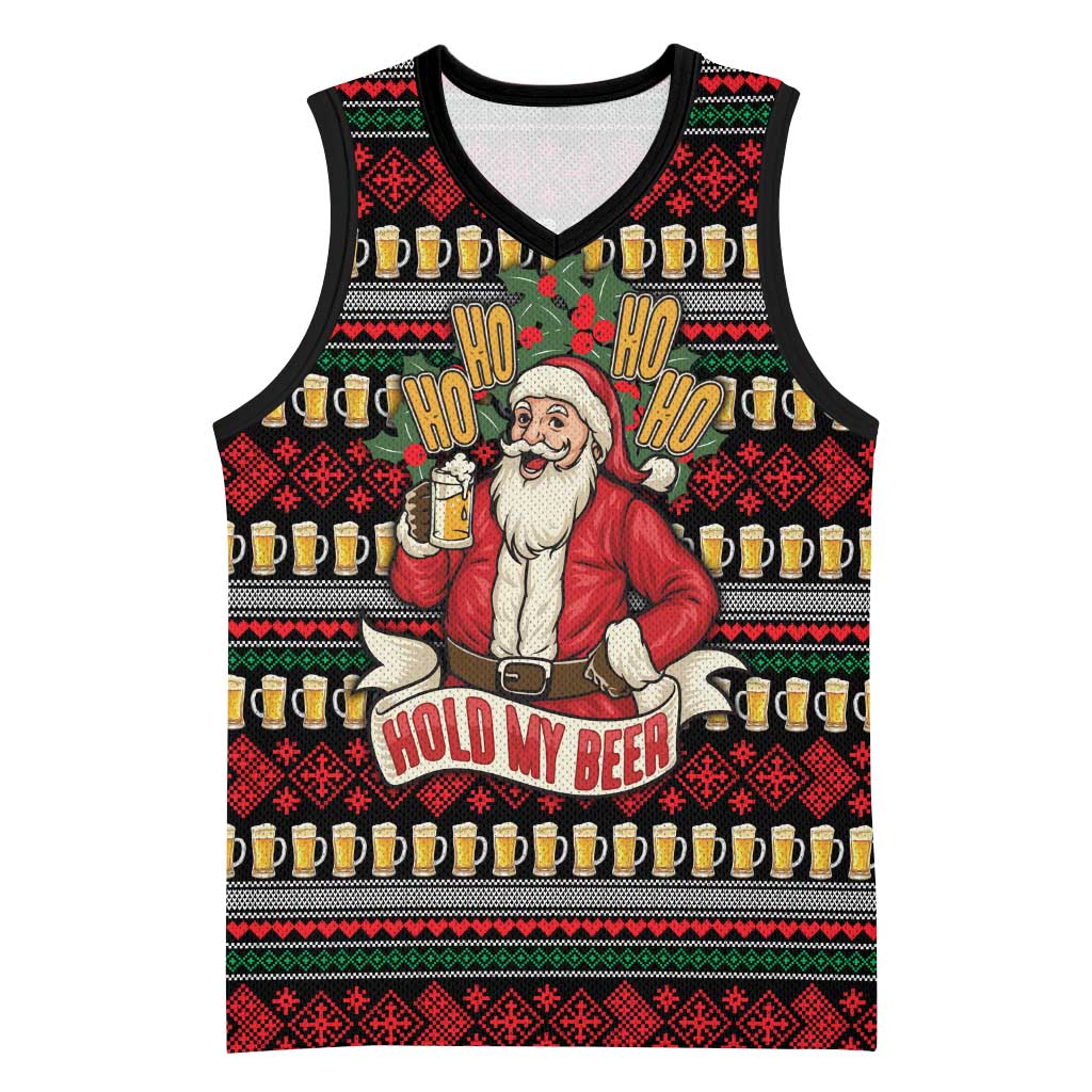 Santa Hold My Beer Christmas Basketball Jersey with Beer Mugs and Holiday Pattern - Wonder Print Shop