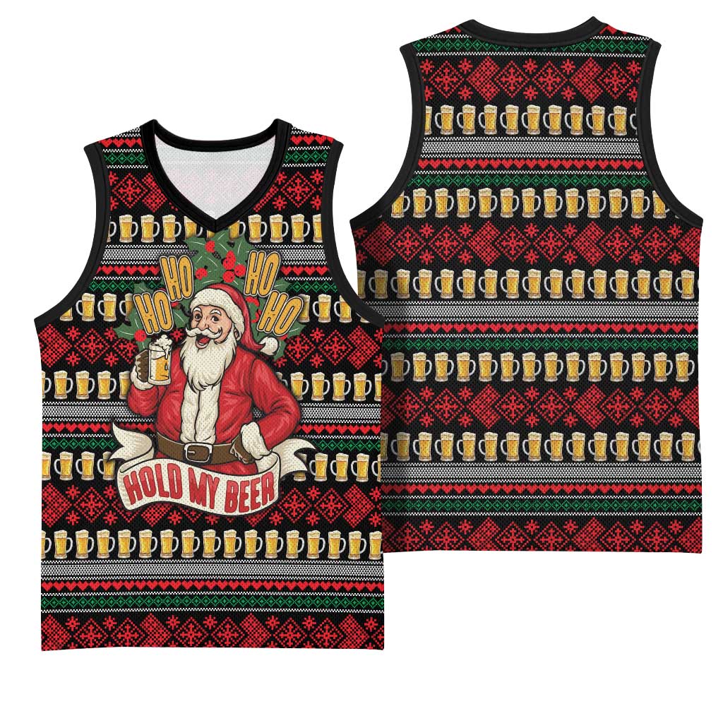Santa Hold My Beer Christmas Basketball Jersey with Beer Mugs and Holiday Pattern - Wonder Print Shop