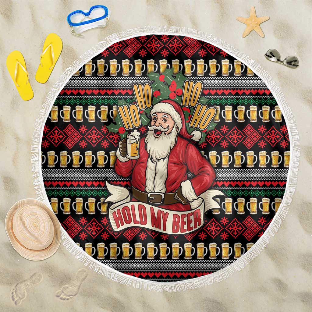 Santa Hold My Beer Christmas Beach Blanket with Beer Mugs and Holiday Pattern - Wonder Print Shop