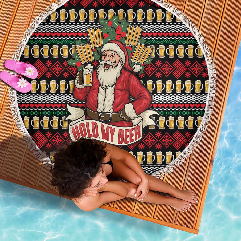 Santa Hold My Beer Christmas Beach Blanket with Beer Mugs and Holiday Pattern - Wonder Print Shop