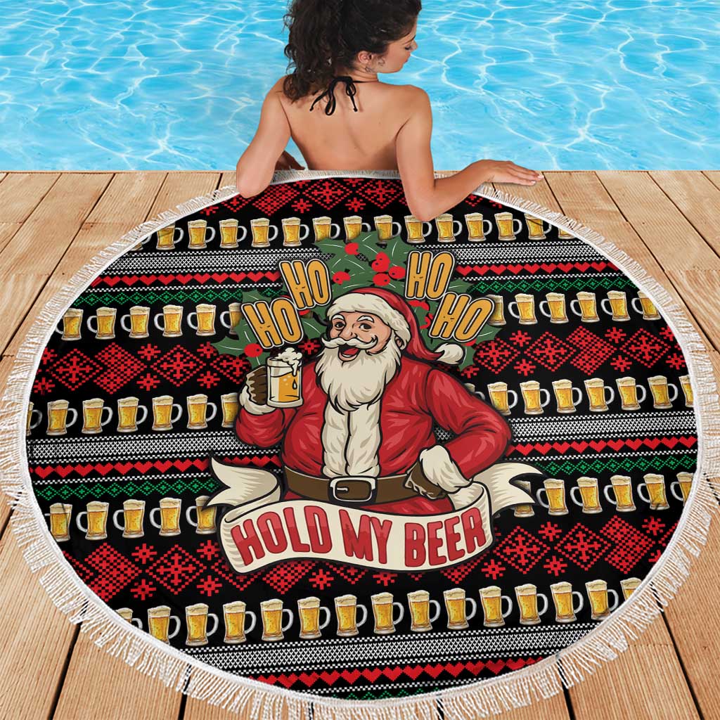 Santa Hold My Beer Christmas Beach Blanket with Beer Mugs and Holiday Pattern - Wonder Print Shop