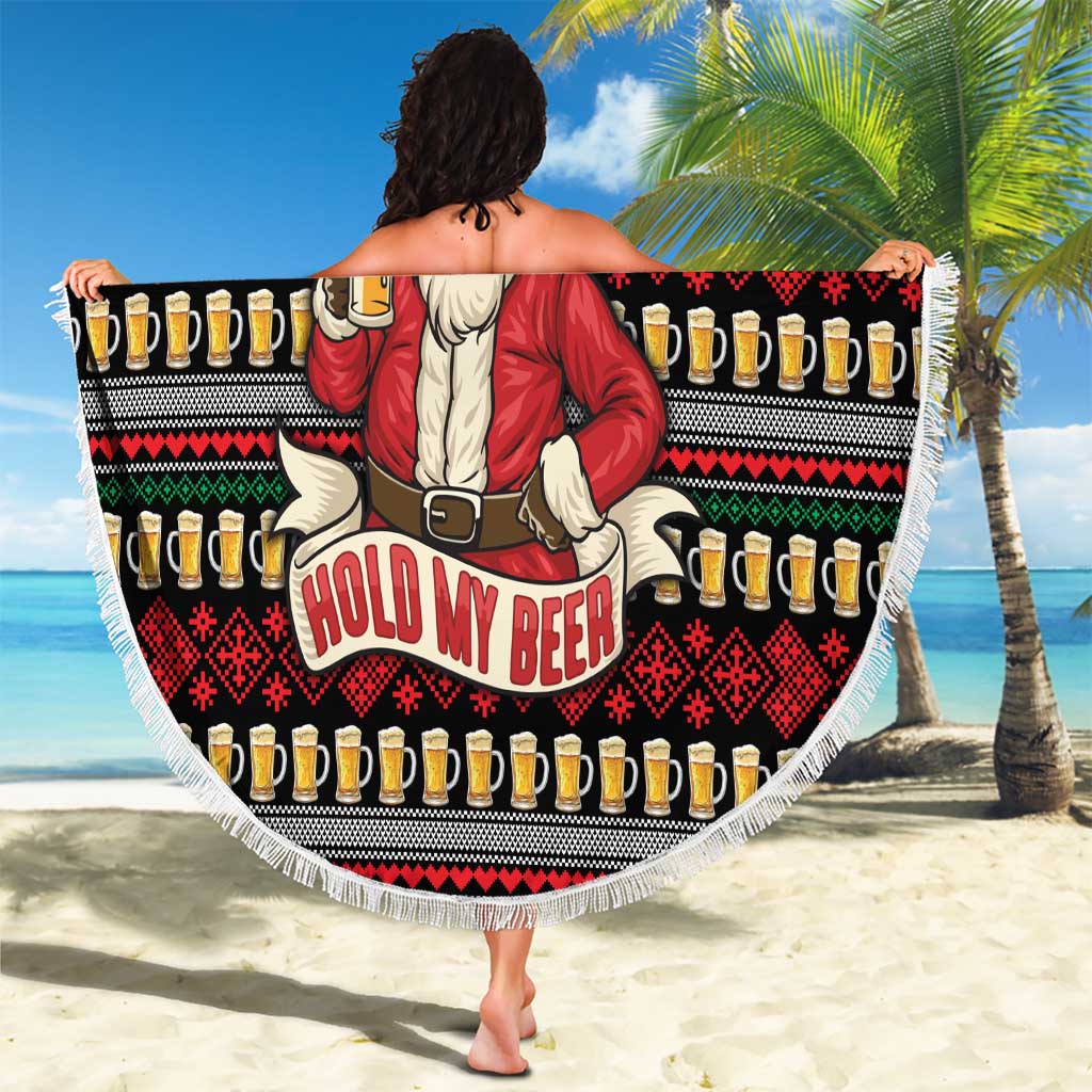 Santa Hold My Beer Christmas Beach Blanket with Beer Mugs and Holiday Pattern - Wonder Print Shop