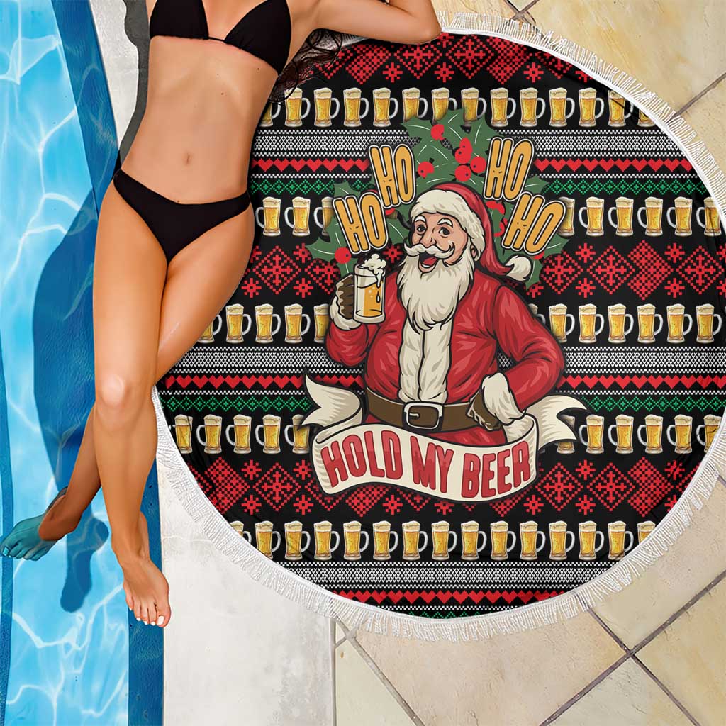 Santa Hold My Beer Christmas Beach Blanket with Beer Mugs and Holiday Pattern - Wonder Print Shop
