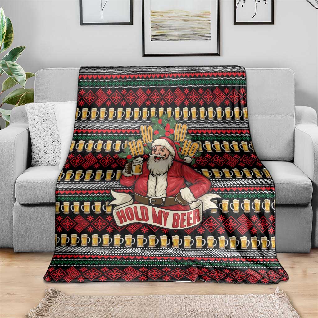 Santa Hold My Beer Christmas Blanket with Beer Mugs and Holiday Pattern - Wonder Print Shop