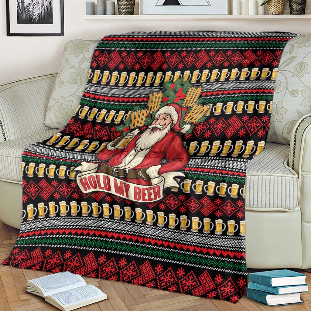 Santa Hold My Beer Christmas Blanket with Beer Mugs and Holiday Pattern - Wonder Print Shop