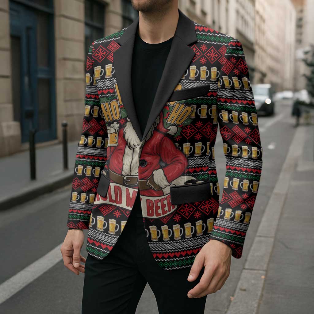 Santa Hold My Beer Christmas Blazer with Beer Mugs and Holiday Pattern - Wonder Print Shop