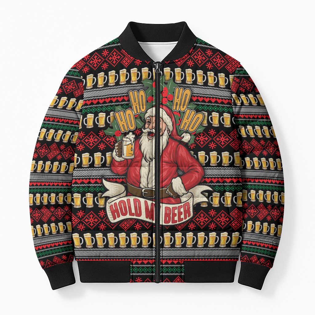 Santa Hold My Beer Christmas Bomber Puffer Jacket with Beer Mugs and Holiday Pattern - Wonder Print Shop