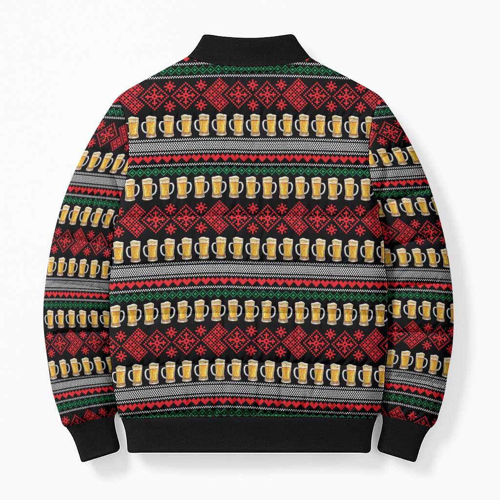 Santa Hold My Beer Christmas Bomber Puffer Jacket with Beer Mugs and Holiday Pattern - Wonder Print Shop