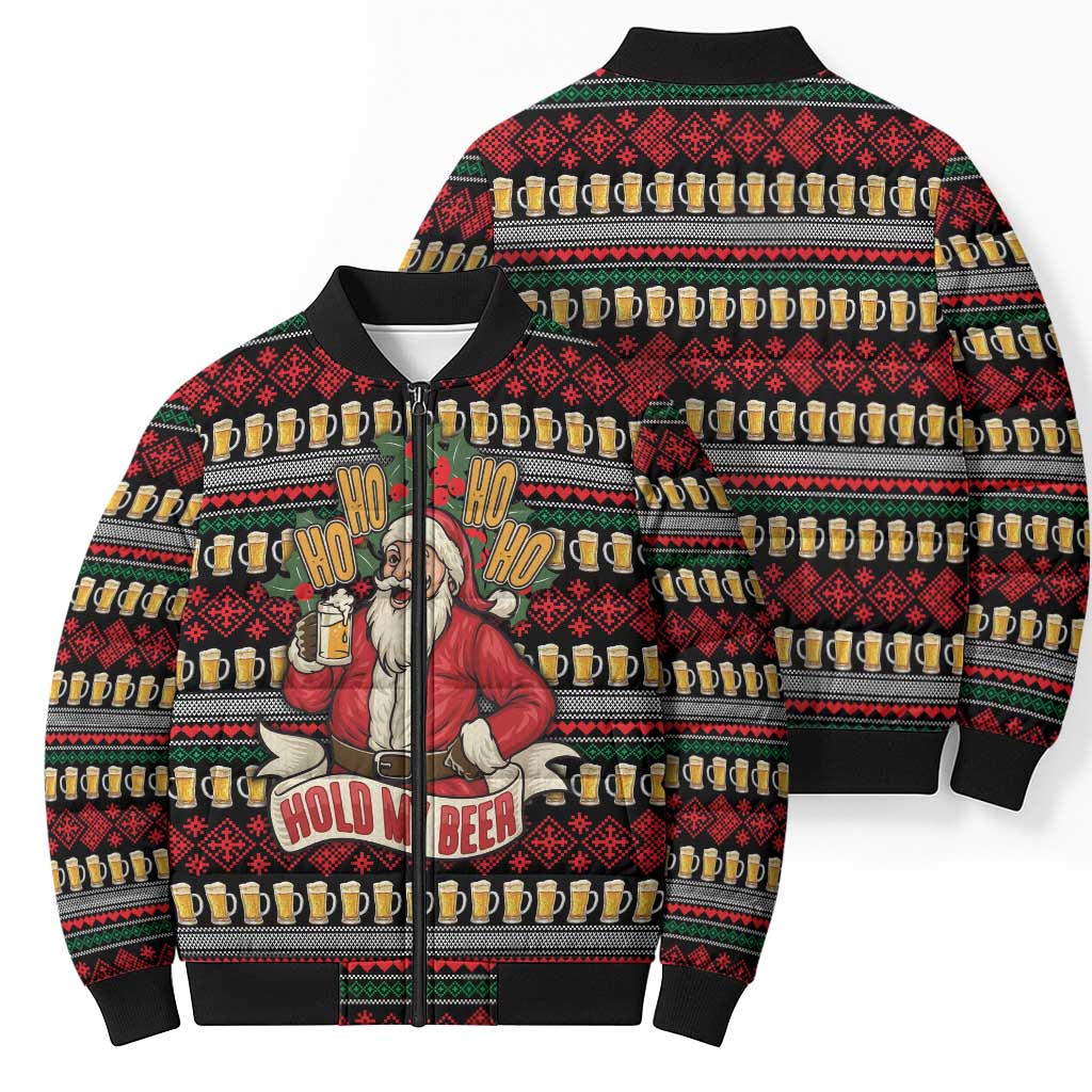 Santa Hold My Beer Christmas Bomber Puffer Jacket with Beer Mugs and Holiday Pattern - Wonder Print Shop
