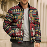 Santa Hold My Beer Christmas Bomber Puffer Jacket with Beer Mugs and Holiday Pattern - Wonder Print Shop